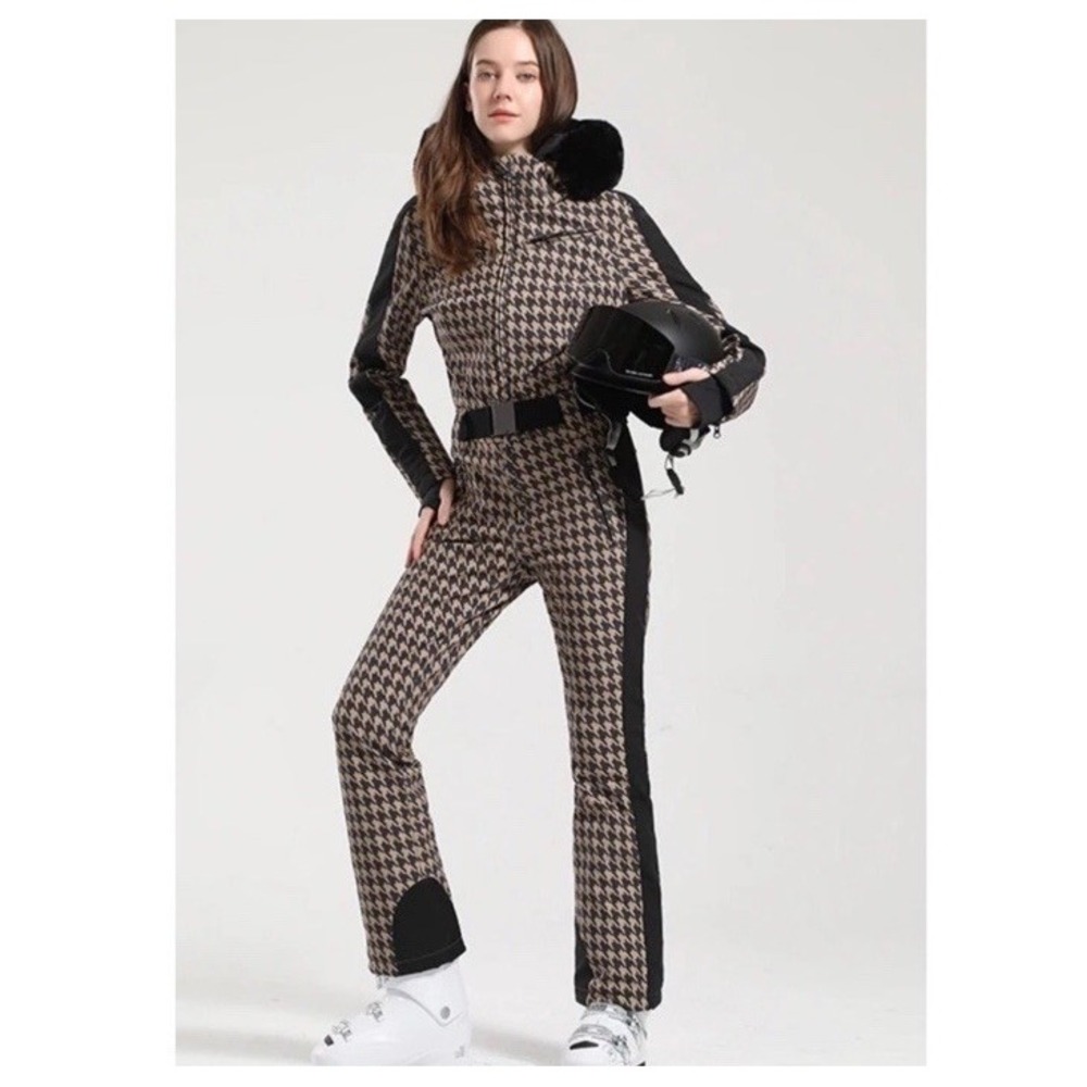 GSOU Snow Houndstooth Ski Suit GS-2313 Tan Black 20k Waterproof  Womens Small